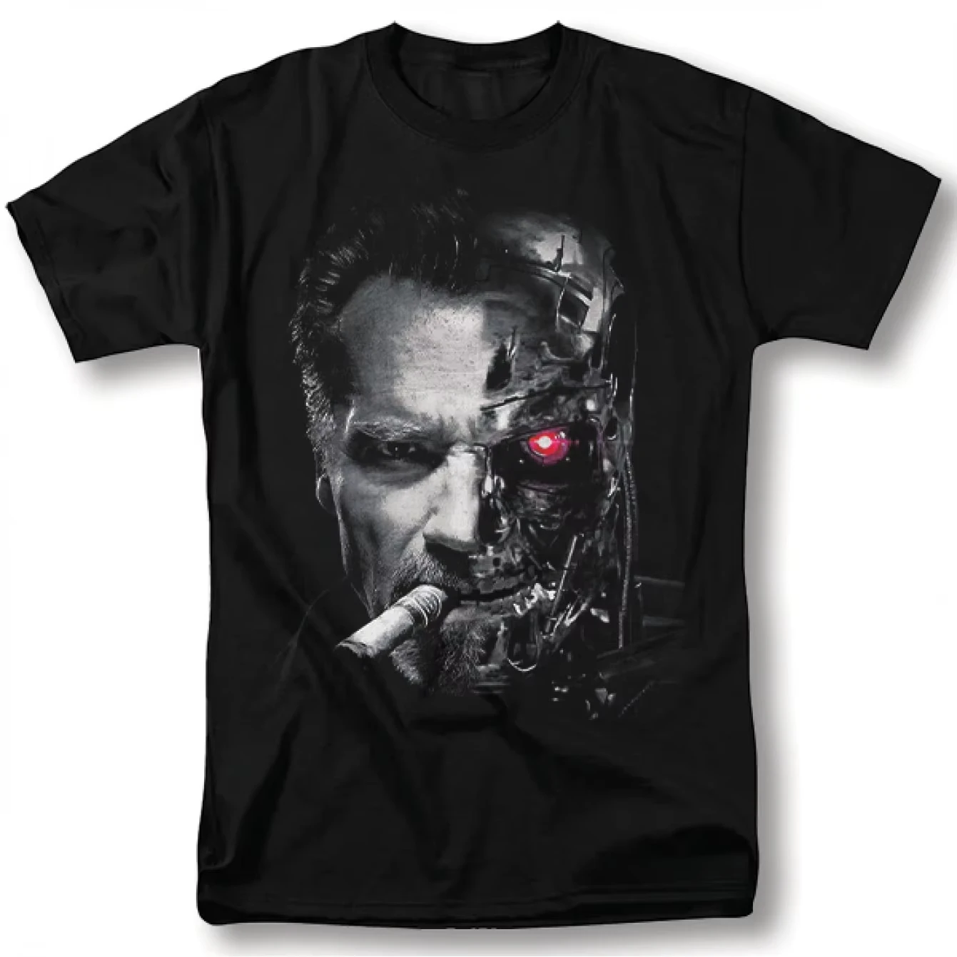 Terminator Movie T-Shirt Arnold Schwarzenegger Iconic Terminator Face Cyberpunk T-800 Design Black Short Sleeve Crew Neck Tee