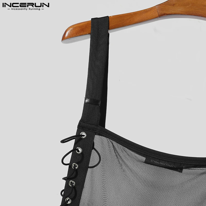 INCERUN الرجال تانك القمم شبكة المرقعة الرباط مثير الجوف خارج انظر من خلال سترات الذكور الصيف الشارع الشهير موضة المحاصيل القمم S-5XL #4