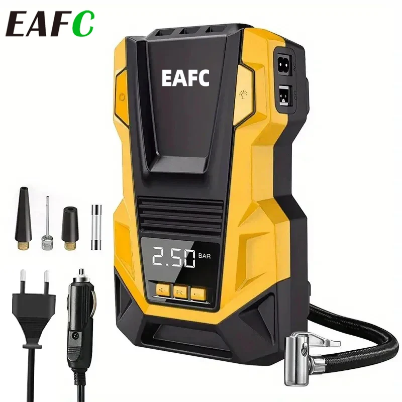 EAFC Dual Power Tragbarer Auto-Luftkompressor Digitale Reifenpumpe LED-Lampe AC110V-230V für Zuhause & DC12V Auto-Reifenkompressor für Auto und Motorrad