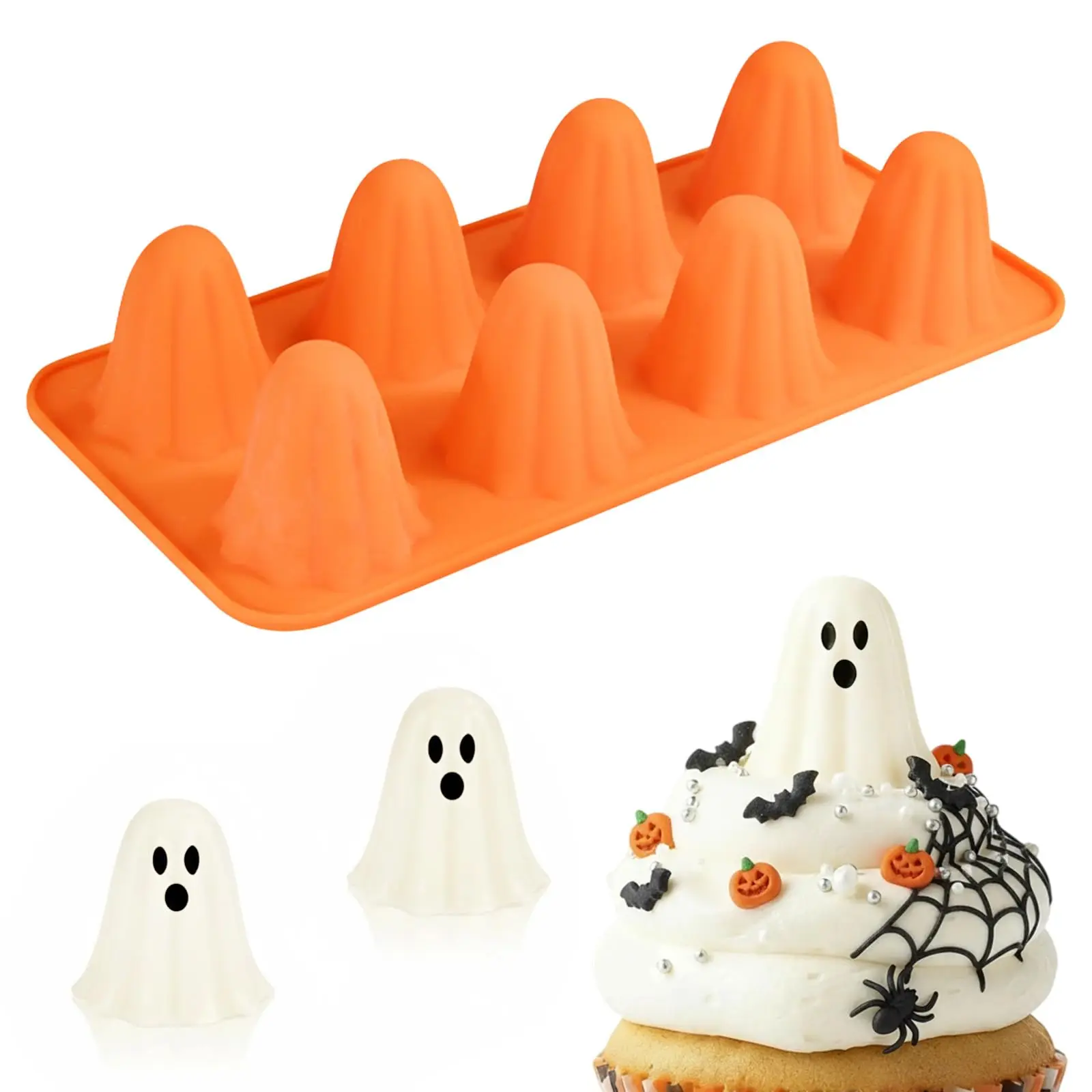 3D Halloween Ghost Shaped Silicone Baking Mold, Lovely 8-Cavity Non-Stick Tray Perfect for Homemade Chocolate, Candy, Pudding