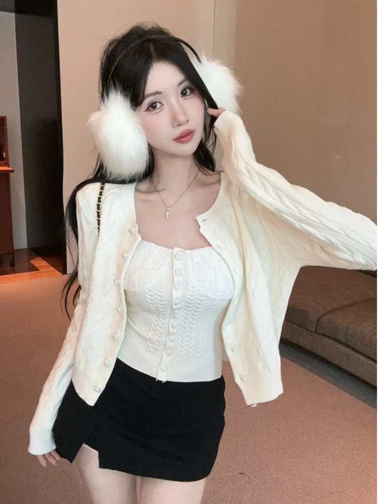 Conjunto de Top Corto y Chaleco de Punto con Encaje Sexy, con un Solo Botón, Estilo Casual para Otoño e Invierno, Moda Femenina para el Trabajo, Manga Larga