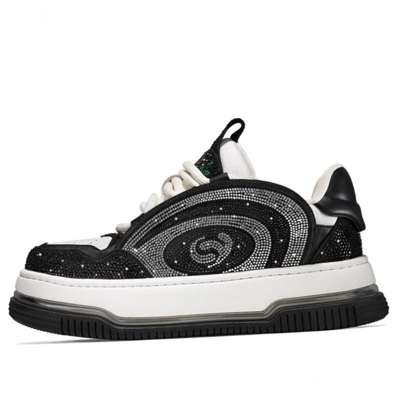 

Genuine Leather Diamond Studded Design Luxury Fashionable Casual Sports Shoes for Men's Thick Soled Trendy Board Shoes for Women