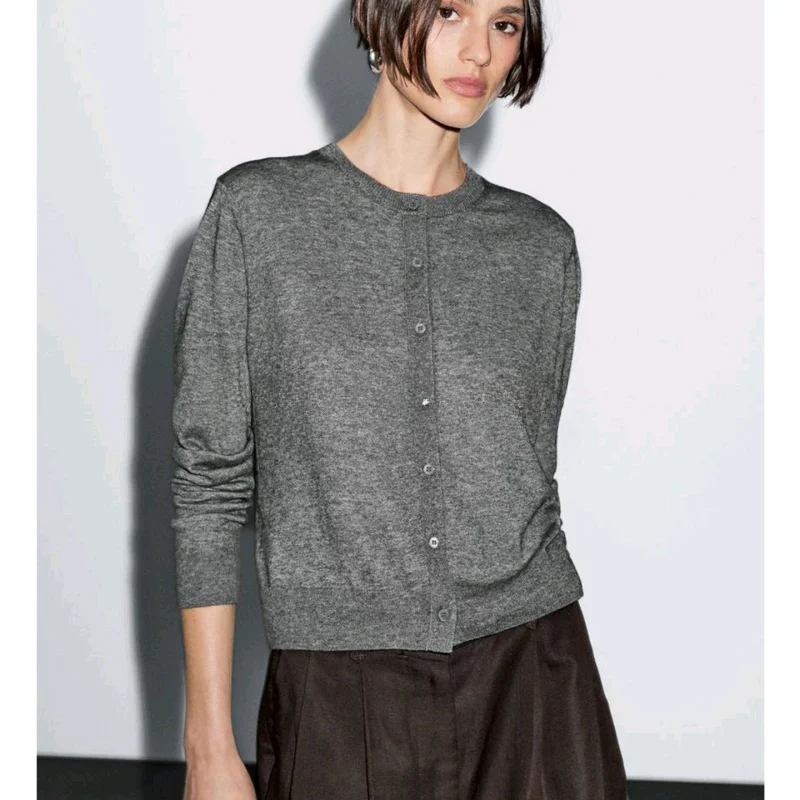 

Spring New Women's Casual Lazy Sle Simple Personali round Ne Long Sve Knitted Open Cardigan Polyester Fiber Long Sle...