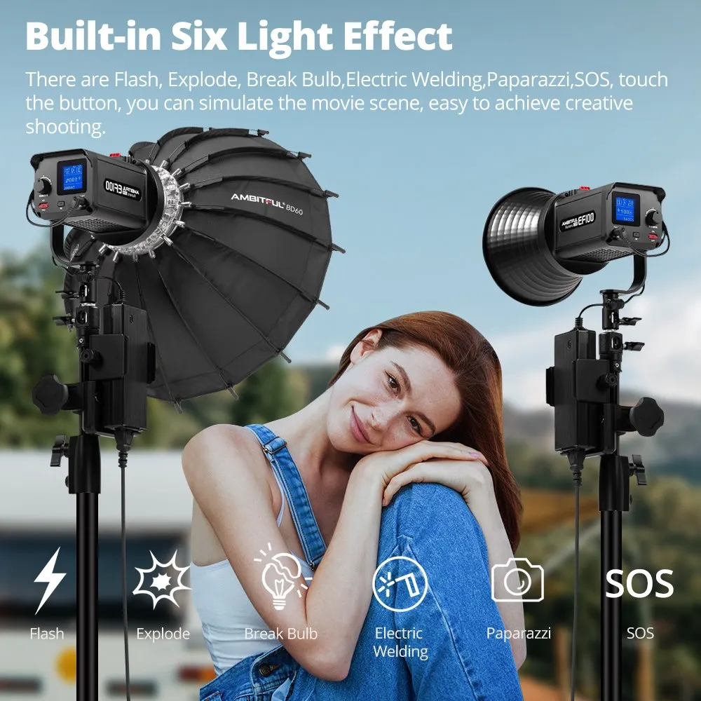 AMBITFUL EF100 COB LED Video Light 5600K CRI 95+ TLCI 95+ LED Continuous Light Bowens Mount Built-in APP Adjust Brightness
