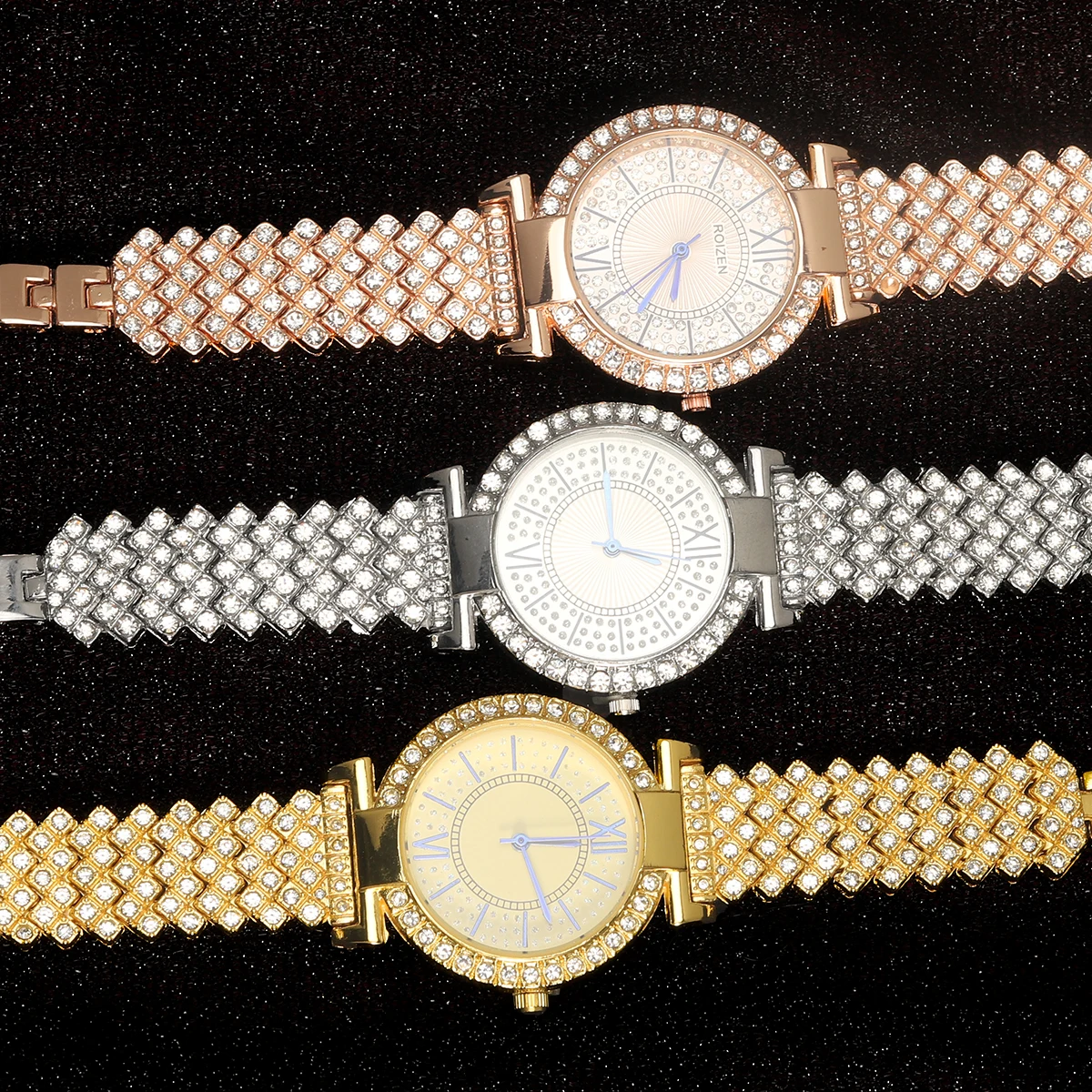 Iced Out jam tangan wanita modis, Set perhiasan wanita mewah ringan trendi dengan berlian Scaly, kotak hadiah