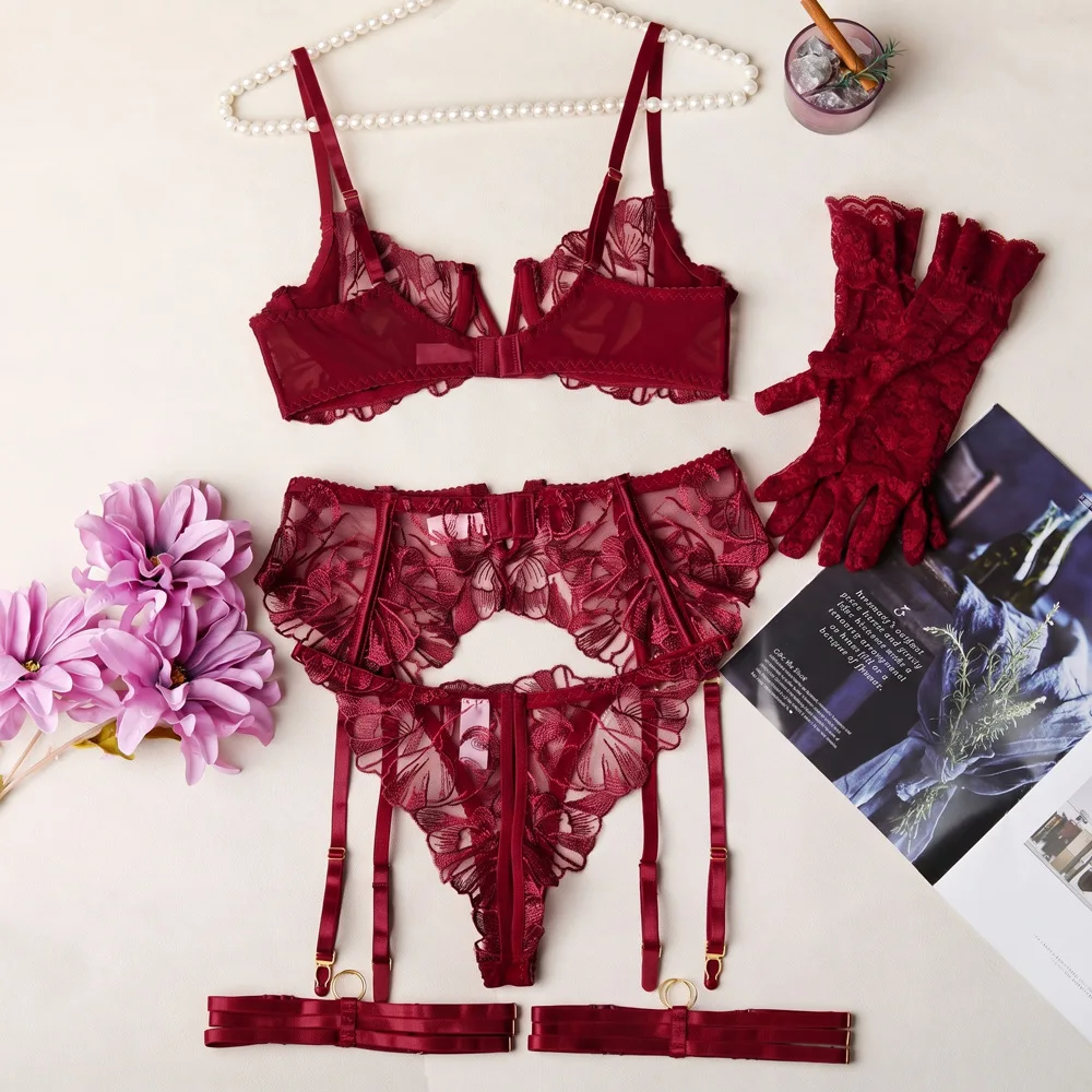 Conjunto de Lencería Femenina Toucheart con Bordado Floral, Sujetador Push-Up de Encaje, Liguero, Faja Reductora, Tanga, Guantes, Ropa Interior Sexy y Atractiva