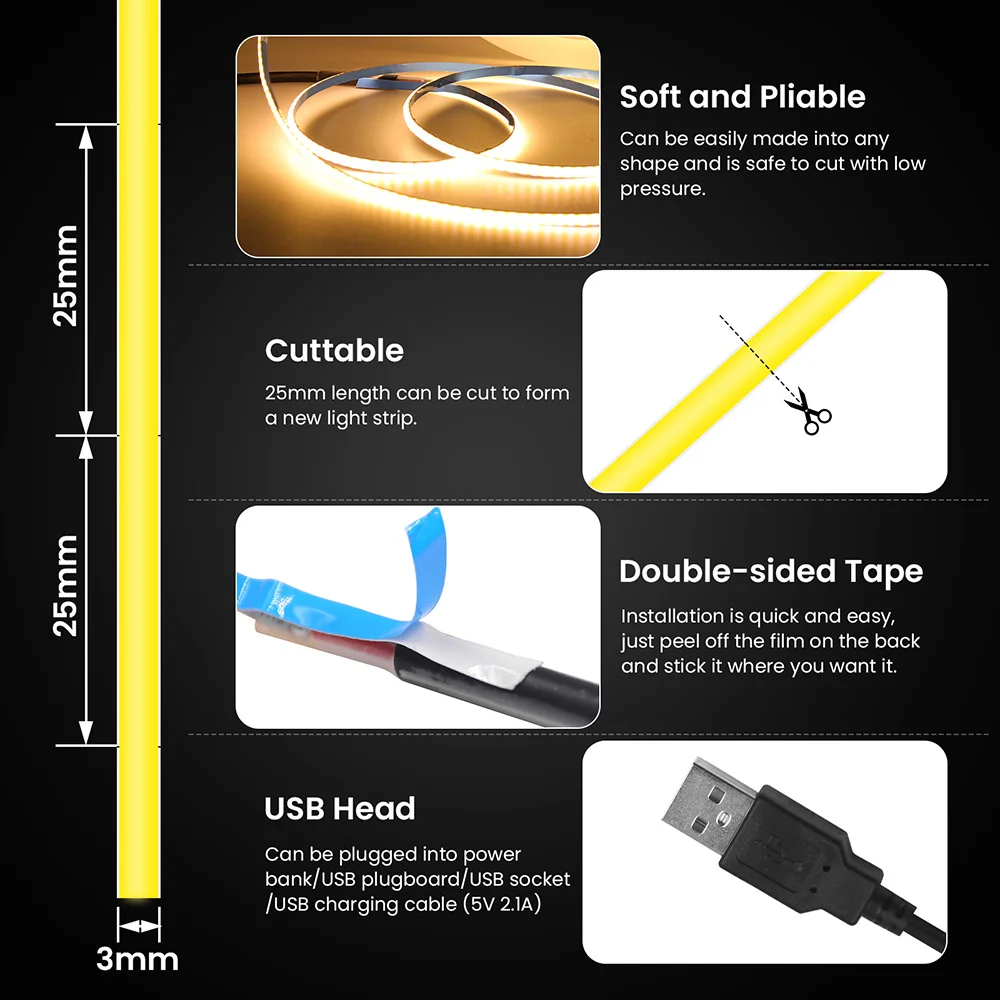 5V USB 3mm PCB COB LED Strip Light with Switch Dimmer Remote Control 320 LEDs High Density Linear Lighting Flexible Tape Lamp