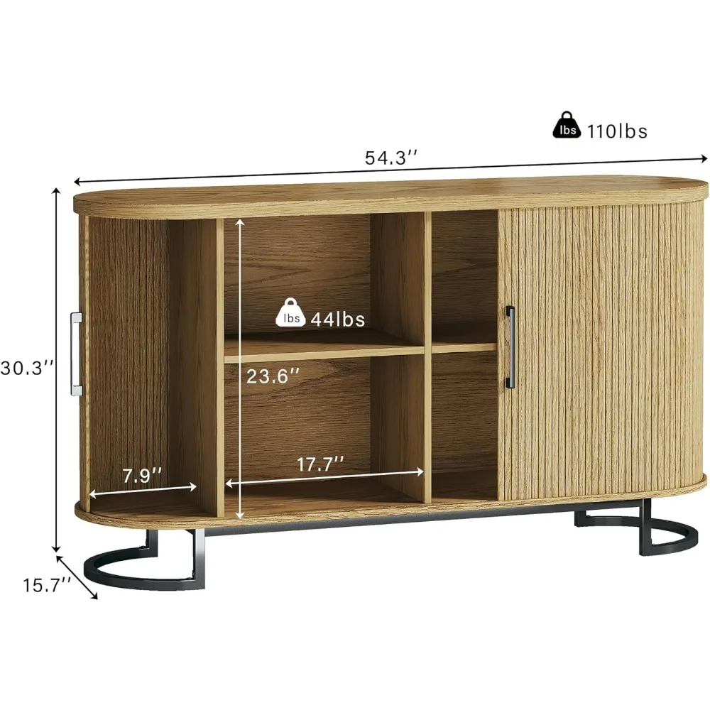 Dressoir buffetkast met opbergruimte, 54,3 inch gecanneleerde buffetkast met tambour, dressoirbuffet met verstelbare planken, midden C