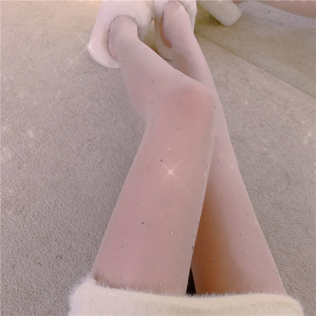 Women Sexy Stockings Tights Rhinestone Ultra-thin Velvet Silk Pantyhose Bling Female Tights Hosiery Collant Femme Milky White