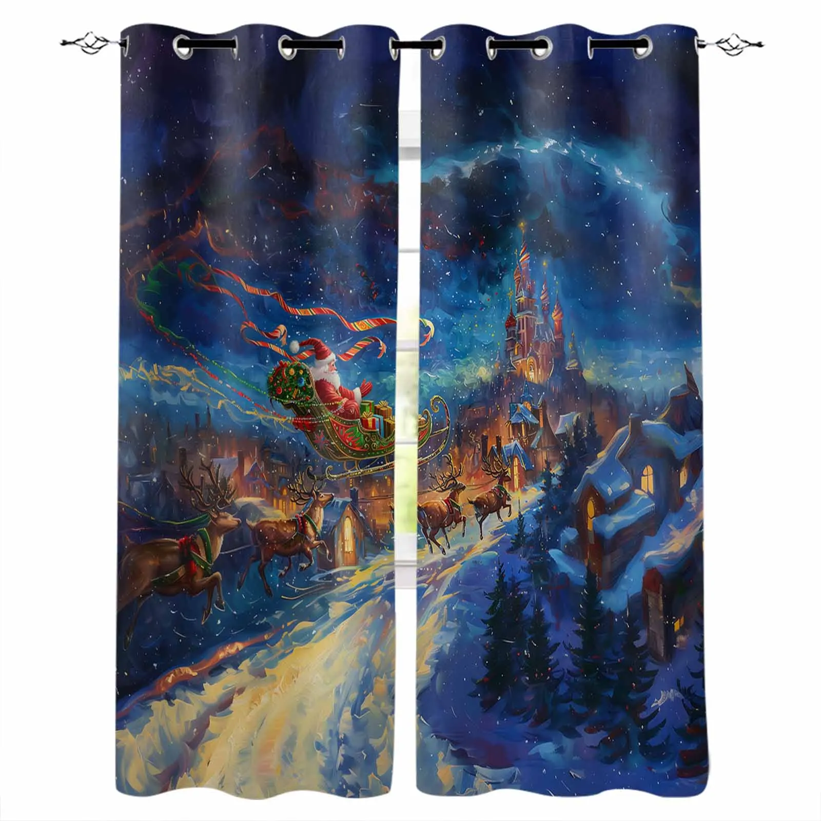 Christmas Night Scene Santa Claus Sled Reindeer Blackout Curtains For Living Room Bedroom Window Treatment Blinds Kitchen Drapes