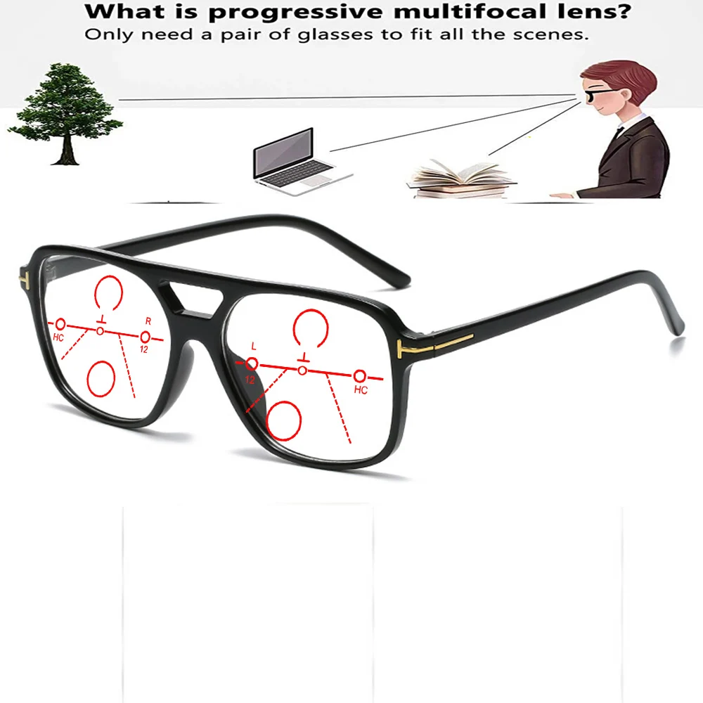 

Handcrafted Tr90 Double Bridge Pilot Oversized Multilayer Coating Progressive Reading Glasses +0.75 To +4 See Near and Far