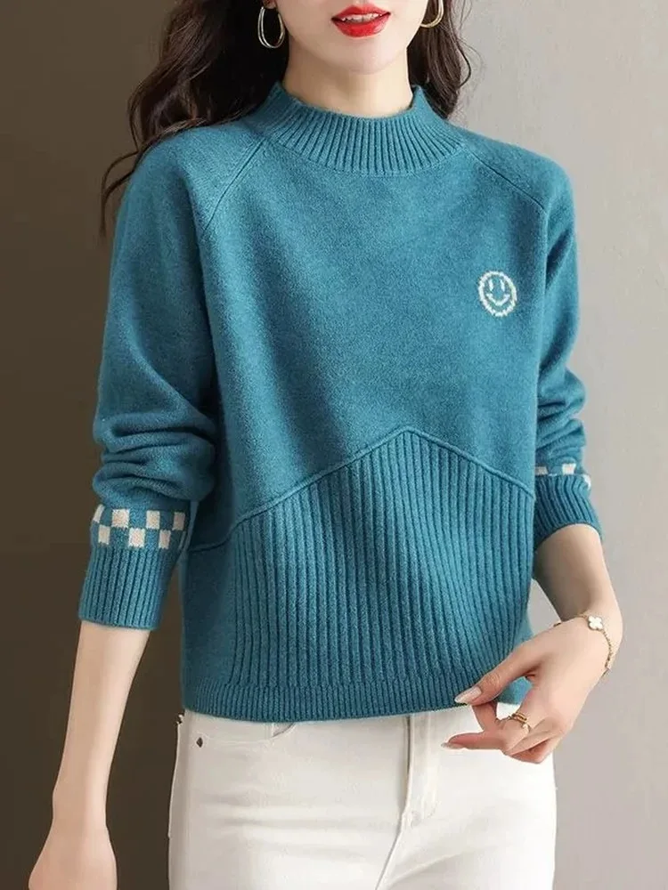 

Autumn Winter Short Pure Color Cashmere Sweater Women round Neck Overhead Knitted Long Sleeve Loose Base Layer Shirt Korean S...