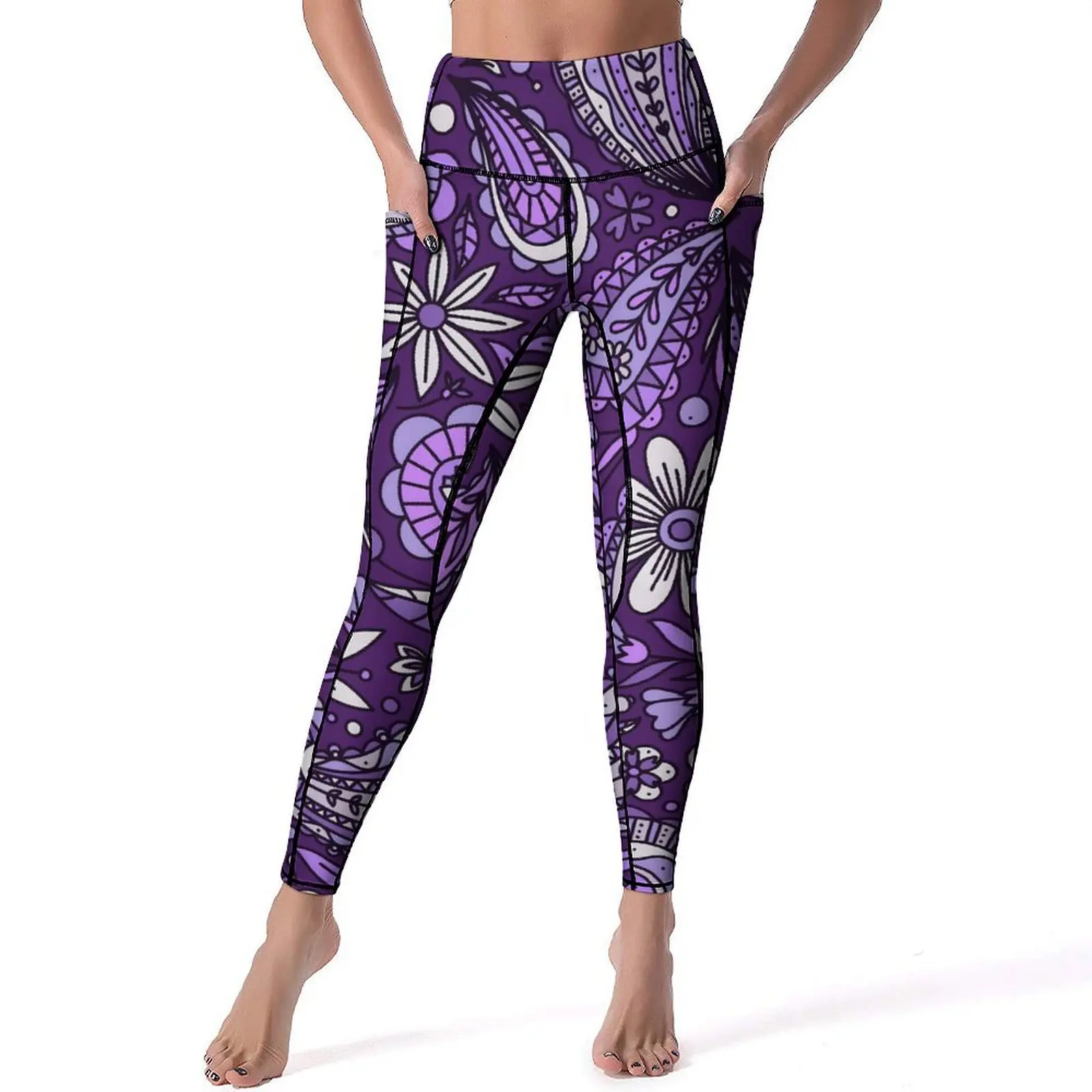 

Boho Paisley Leggings Sexy White And Purple High Waist Yoga Pants Sweet Stretch Leggins Women Design Running Sports Tights