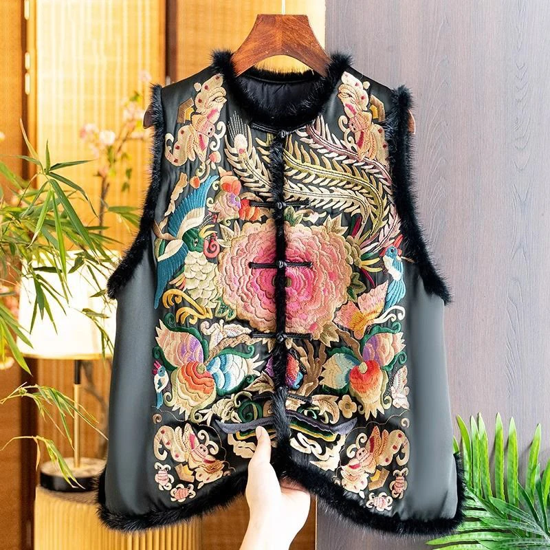 

Chinese Style Women's Clothing Floral Embroidered Round Neck Vest Jacket Autumn Winter Vintage Satin Acetate Cotton Vest Top