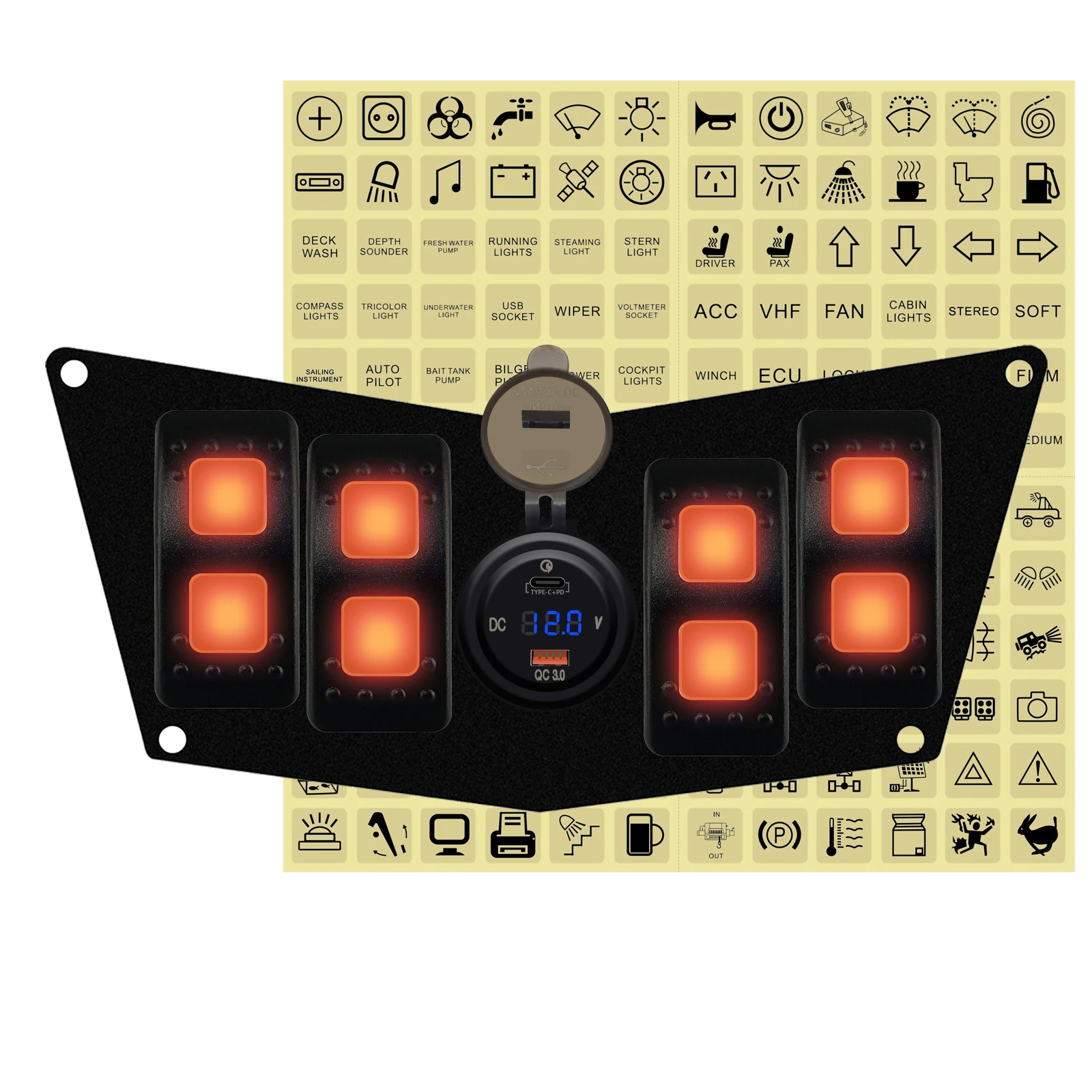 

Панель переключателей UTV на 4 кнопки, алюминиевая, 12В-24В, комплект для Polaris RZR 800 S/570/XP 900, Can-Am Commander, с вольтметром и USB QC3.0