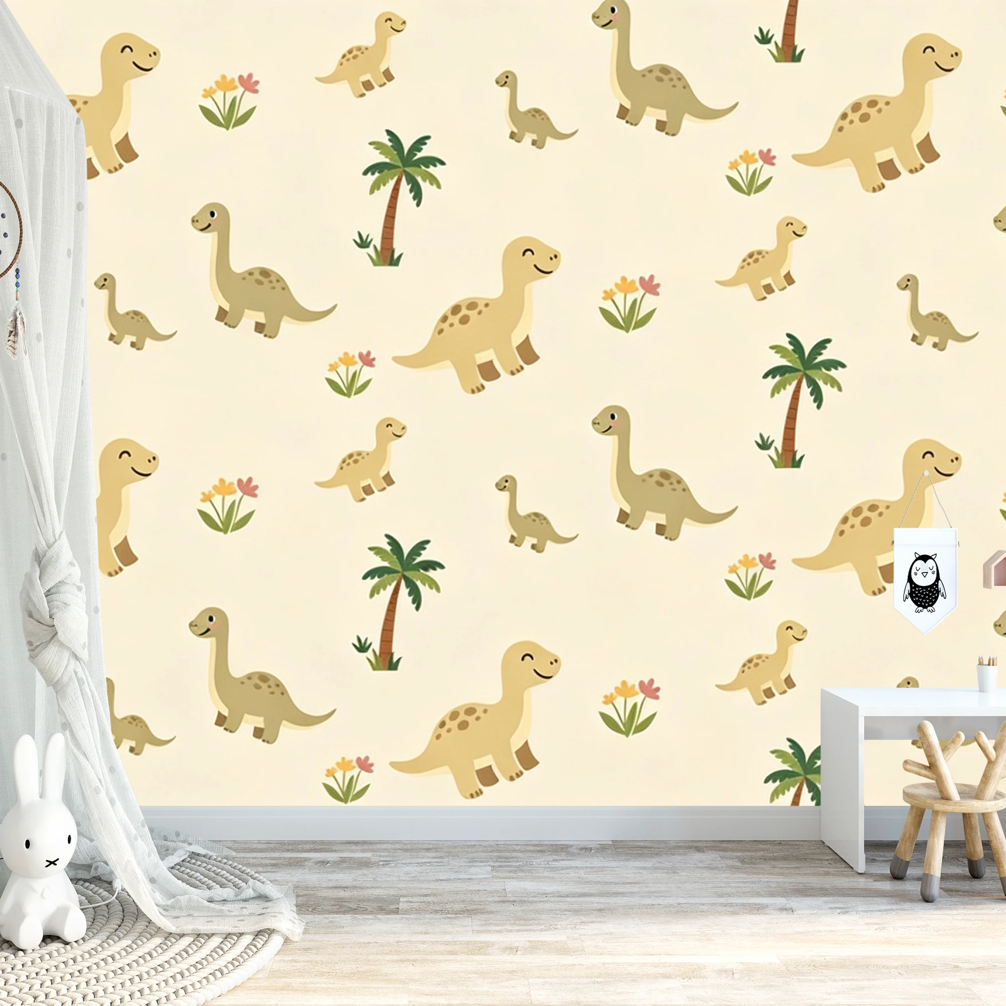 Milofi Customized Cute Cartoon Dinosaur Wallpaper Palm Tree Floral Wall Mural For Baby Boys Kids Bedroom Nursery Decor