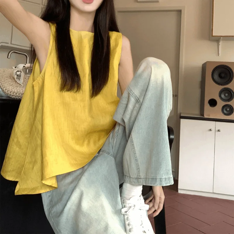

Dopamine Girl Simple Yellow Sleeveless Shirt Women Summer2025Hot New Style Slimming Outerwear Top Trend