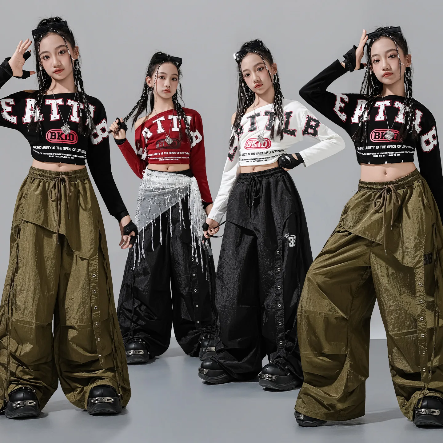 Girls Hip Hop Off Shoulder Crop Top&Cargo Pants Set, Kids Kpop Street Dance Outfit Teen Girl Group Streetwear Jazz Stage Costume