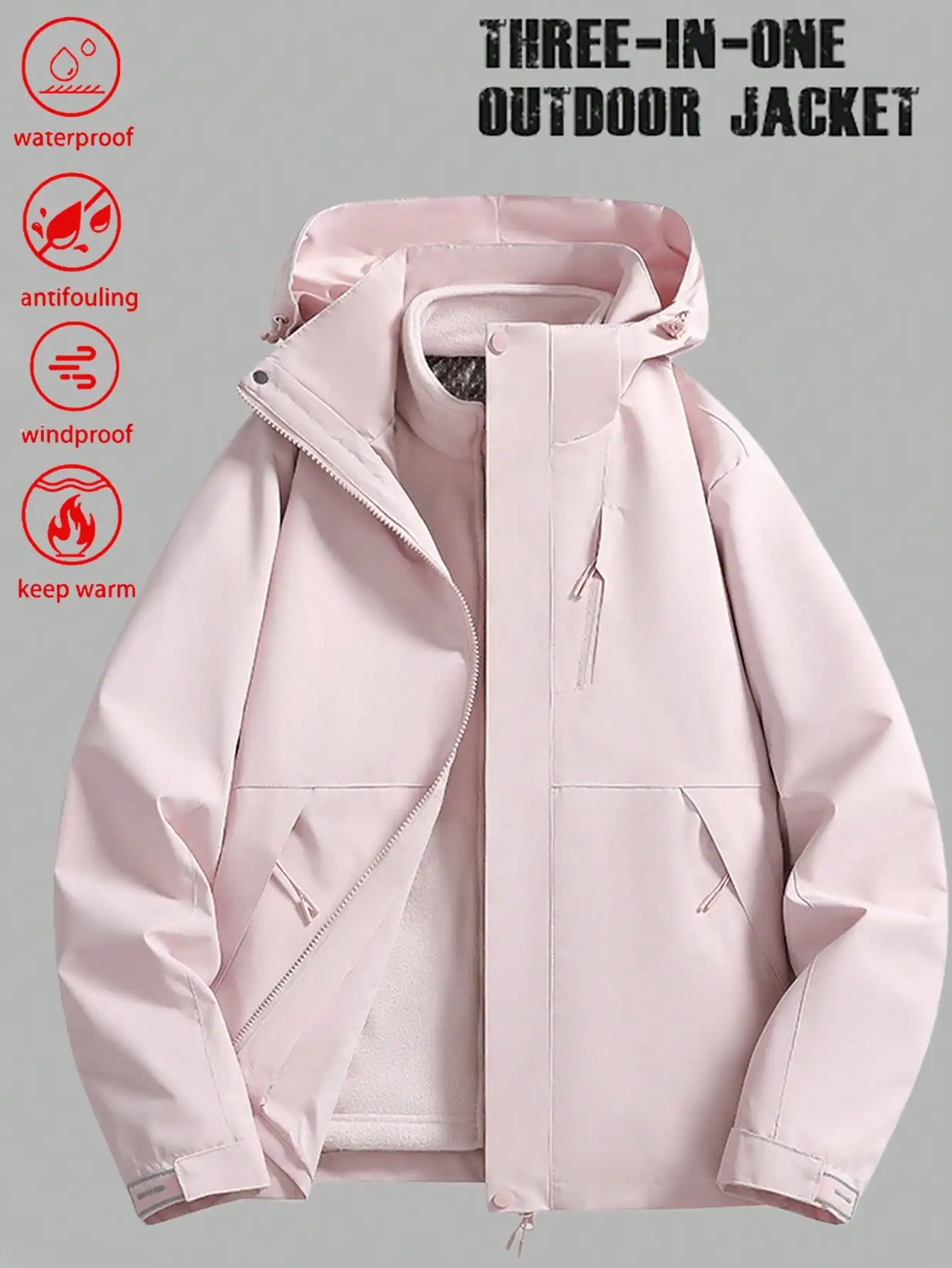 

3-in-1 Women's Outdoor Jacket, Waterproof Windproof Hooded Soft Shell with Detachable Fleece Liner for Skiing