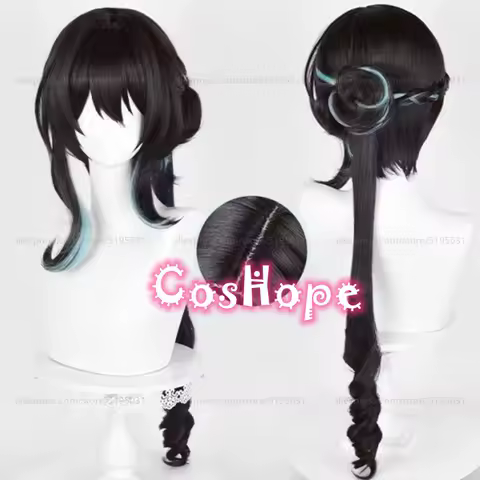 RUAN Mei Cosplay Wig 70cm Black With Cyan Highlights Wig Cosplay Anime Cosplay Heat Resistant Synthetic Wigs