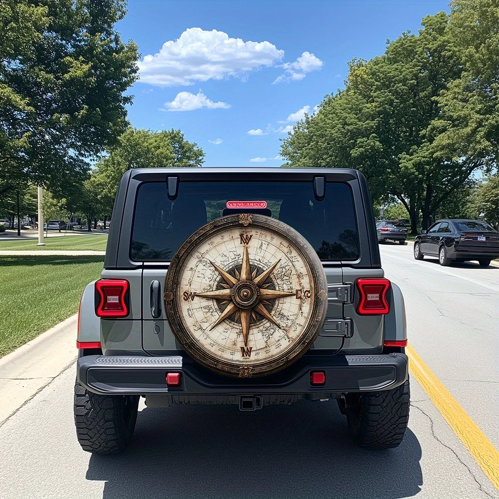 Couverture de roue de boussole vintage avec motif de boussole vieilli avec pointeurs métalliques et marques de direction pour véhicules de camping