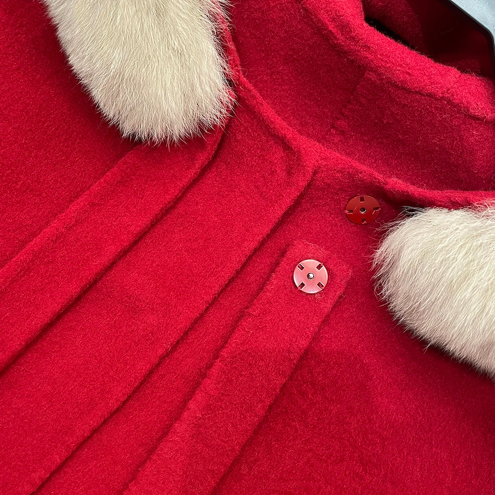 OFTBUY Neue Herbst-Winter-Kollektion: Natürlicher Pelz, 100% Wollkleidung, Langer Mantel mit Kapuze und Echtfuchspelzkragen, Eleganter Doppelseitiger Wollmantel für Damen – Detail 10