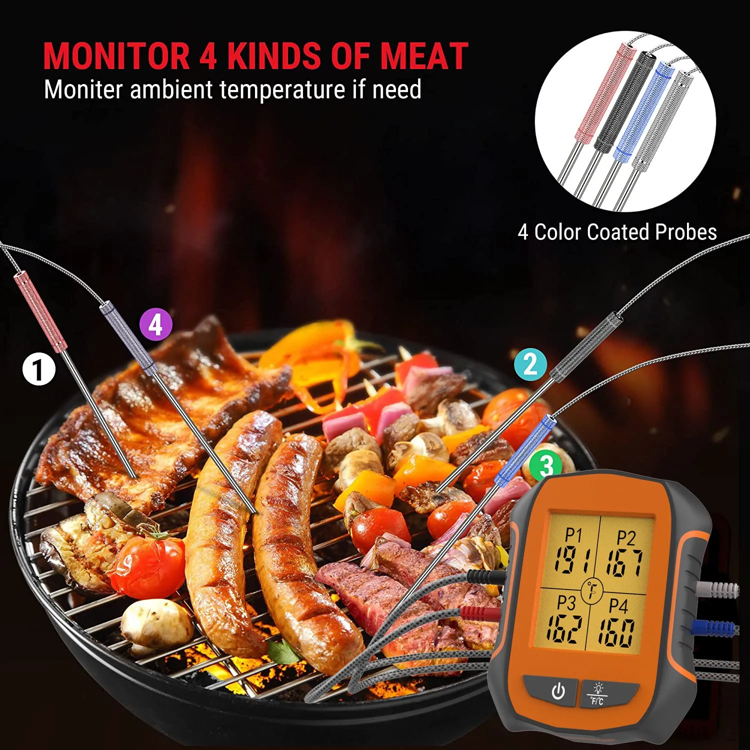 

kitchenaccessories 4 in 1 Food Meat Thermometer Kitchen Kits 150m Wireless Transmission 1.4m Temperature Measure Backlight Alarm