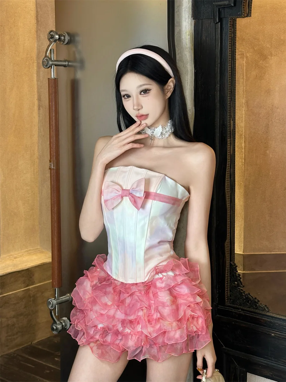 

Pink Bowtie Fishbone Halter Skirt Set Sweet Spicy Female Group Cake Skirt Set Chinese Hanfu Women's Fashion