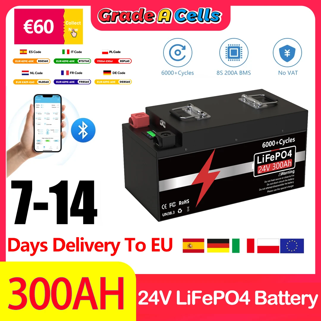 

LiFePO4 Аккумулятор 24 В 300 Ач 200 Ач 100 Ач Buletooth 200 А BMS 25,6 В 6000+ циклов класса A Элементы для лодки на колесах Солнечная ЕС Быстрая доставка