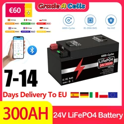 Batería LiFePO4 24V 300Ah 200Ah 100Ah Bluetooth BMS 12,8 V 25,6 V 6000 + ciclos grado A celdas para RV barco Solar entrega UE UKR
