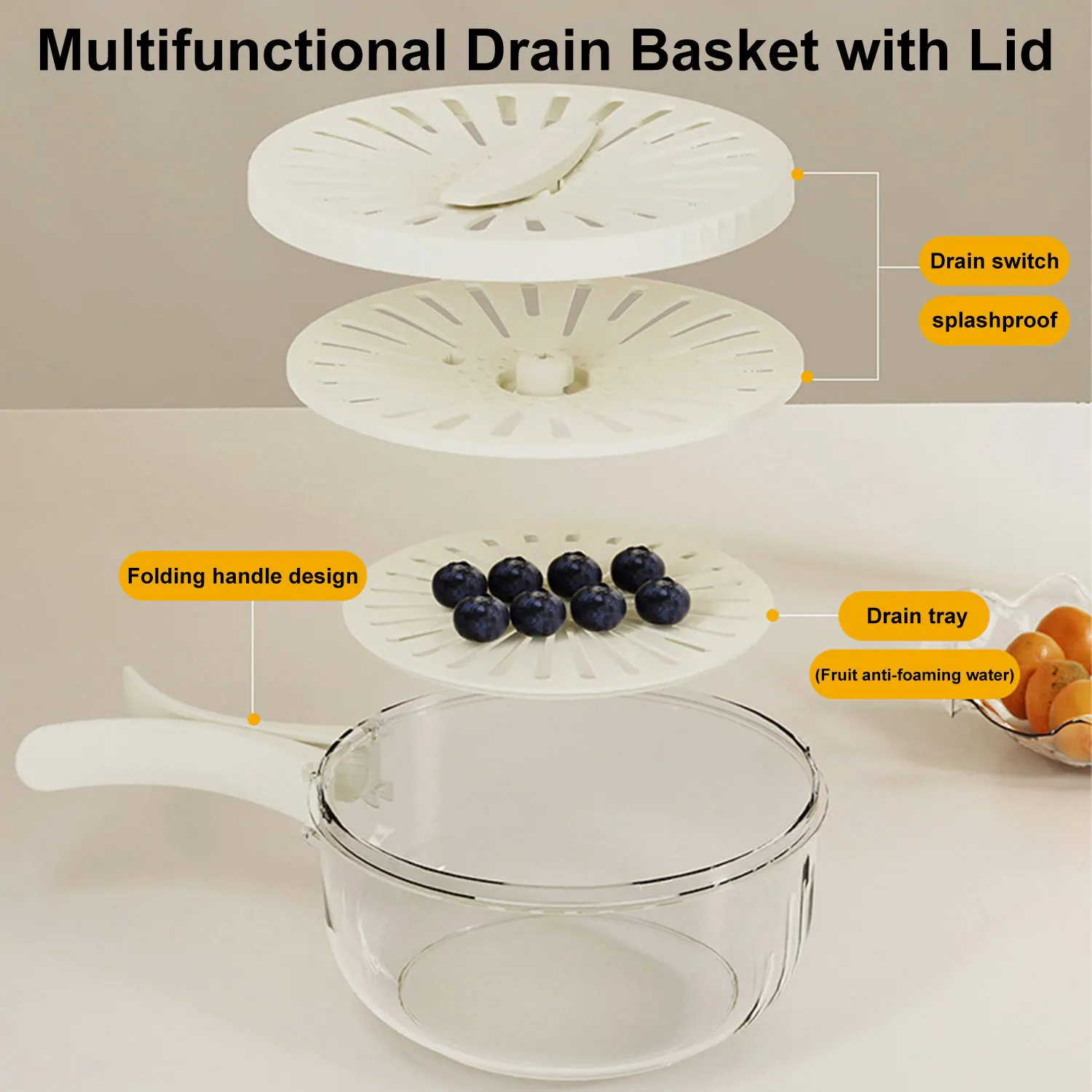 Fruit Drain Basket with Lid Vegetable Washing Bowl Foldable Handle Cleaning Colander Plastic Refrigerator Crisper Kitchen Box