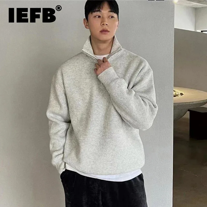 IEFB Korean Style Men's Sweaters Mock Neck Zipper Design Solid Color Thickened Loose Kintting Pullover Male Tops Simple 9C8241