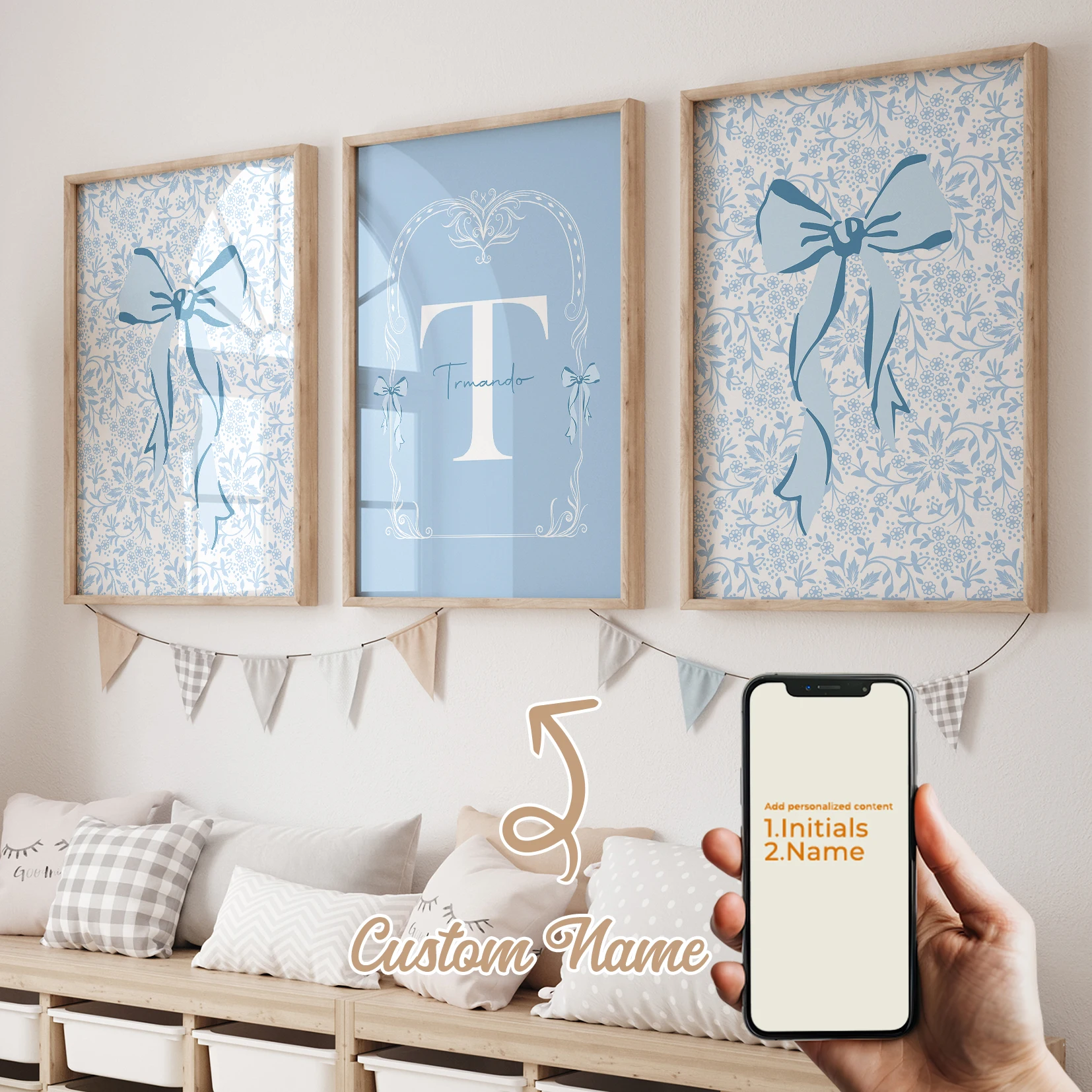 

3pcs Personalized Name Custom Blue Bow Flower Wall Art Print Picture Living Room Kids Room Home Decor