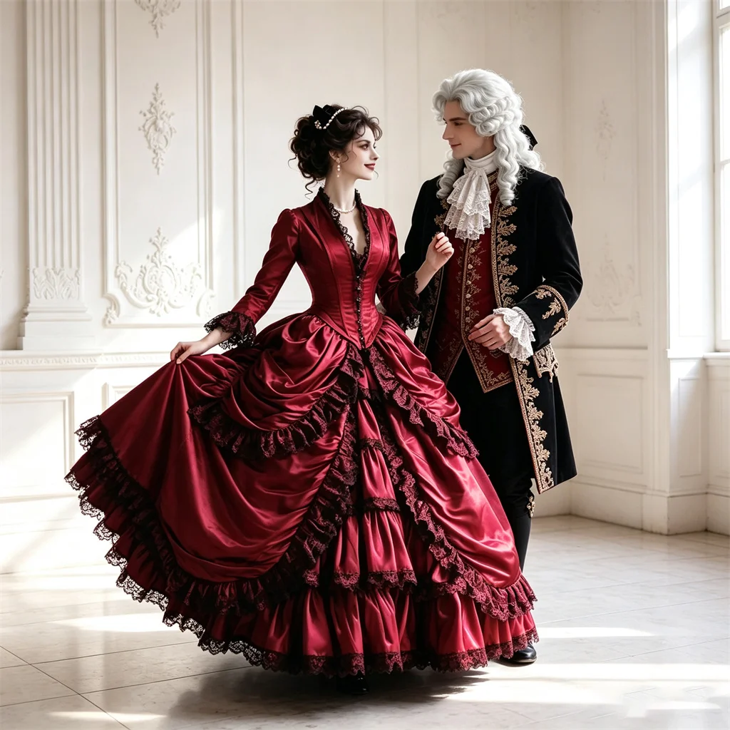 Viktorianisches Gotisches Vampir-Kostüm Rotes Ballkleid Historisches Marie-Antoinette Französisches Königliches Hofkleid für Königin und König Cosplay-Kleid