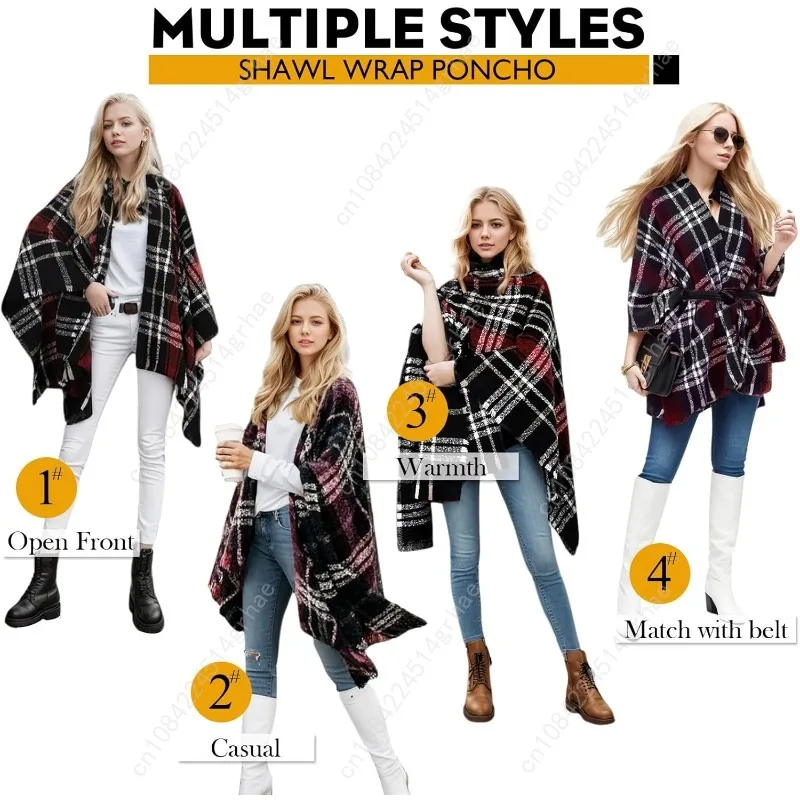 شال نسائي يلتف مفتوح من الأمام أثناء السفر، سترات منقوشة كبيرة الحجم دافئة، شالات صوفية غير رسمية #6