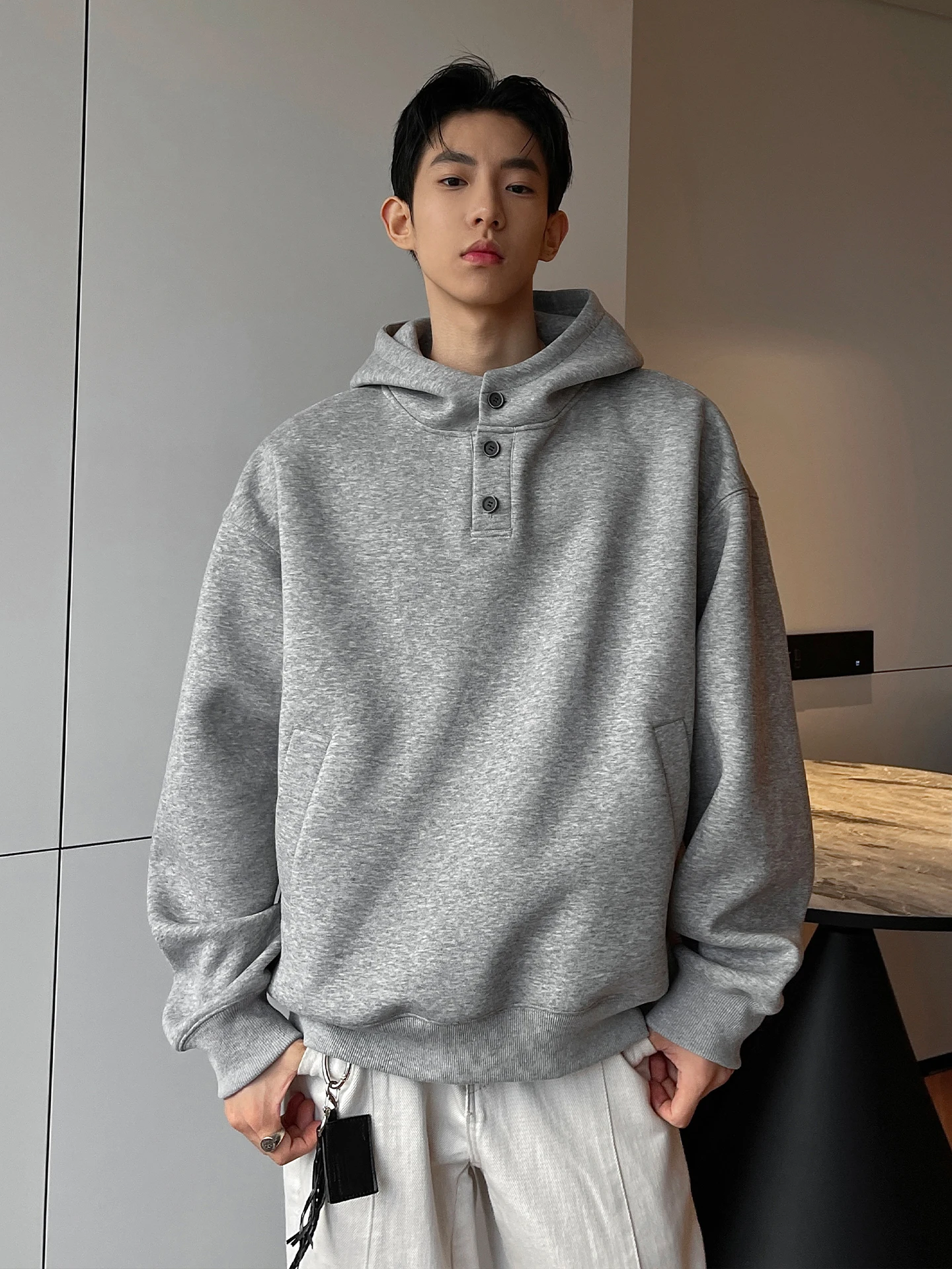 

Heavyweight 400G Men's Hoodie Casual American Sle Button up Sweatirt with Henry Collar for Autumn Winter Daily Wear