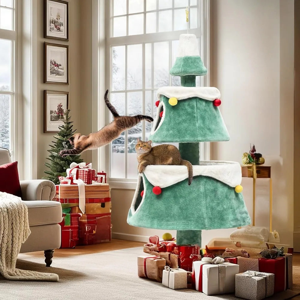 

Рождественская елочная башня с двумя уютными домиками, интерактивными играми и праздничным декором для домашних кошек
