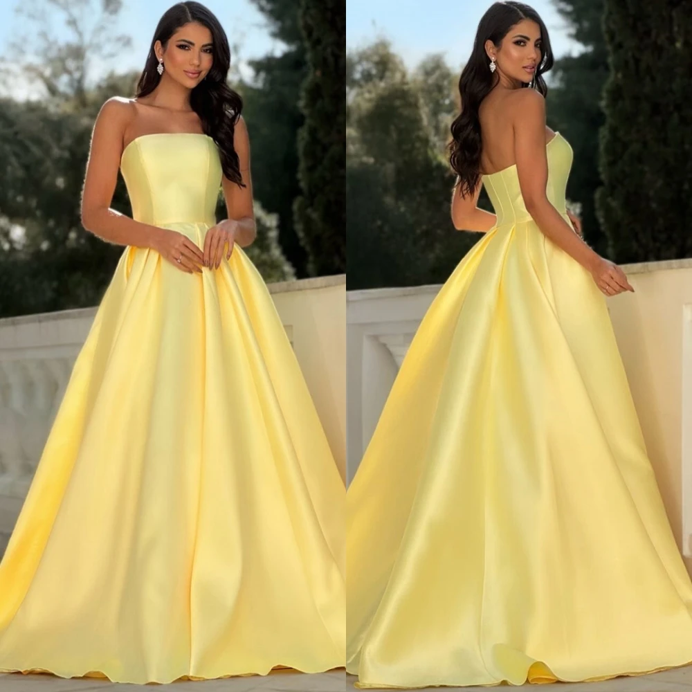 

Customized Elegant Satin Strapless Evening Dress Formal Sleeveless Cocktail Dress Temperament Sweep Train Special Occasion Gowns