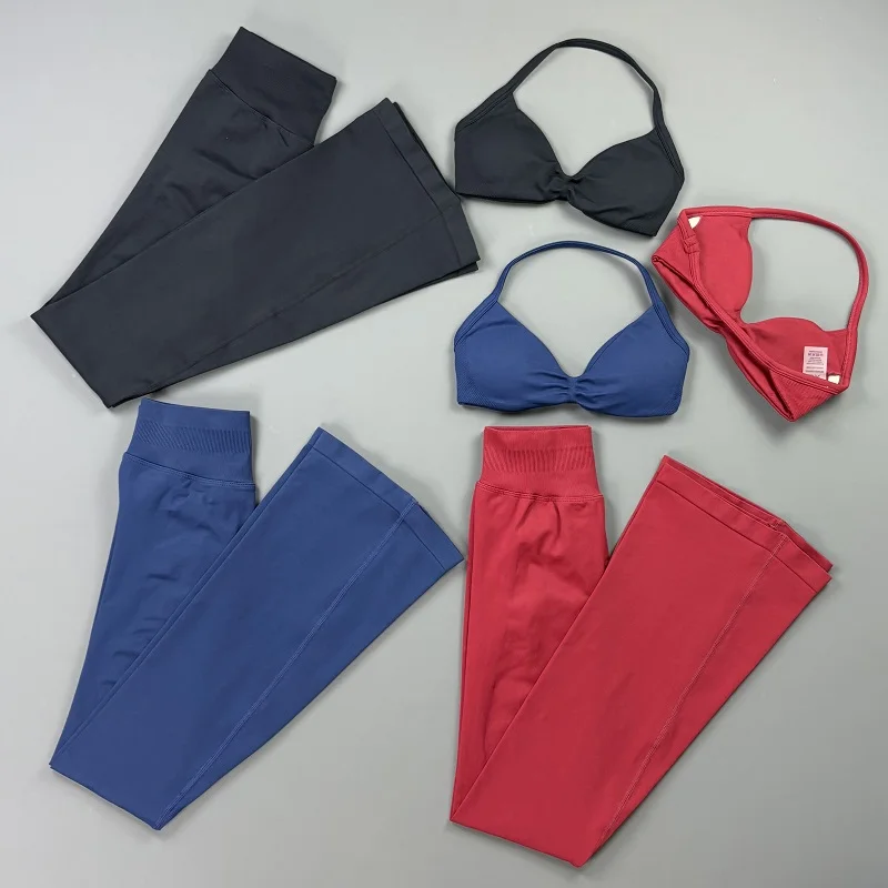 2 Pieces Gym Set Women Seamless Backless Removable Pads Sports Bra Tummy Control Flare Leggings Sets Fitness Workout Sportswear