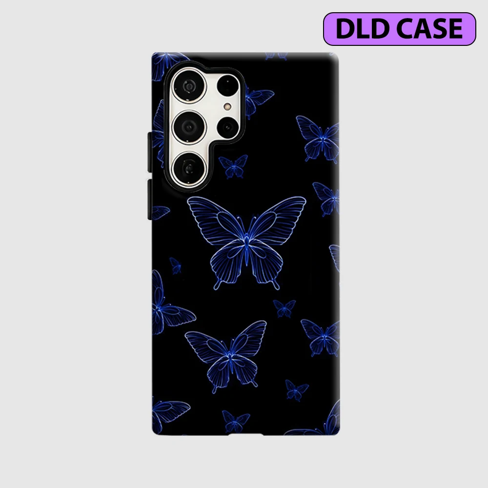 Blue Neon Butterfly Phone Case for Samsung Galaxy S26 S25 Ultra S24 S23 Ultra Plus Shockproof Double Layer Tough Back Cover