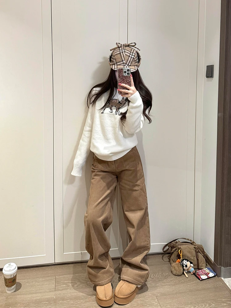 Olhar cervo branco bordado redondo ne pulôver malhas feminino outono inverno solto doce sle coreano faion topo