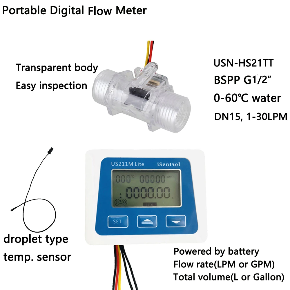 

Portable US211M Lite Digital Flow Meter USN-HS21TT Water Sensor Hall Effect Flow Cheap Flowmeter 1-30LPM 4.5V Flow Reader Saier