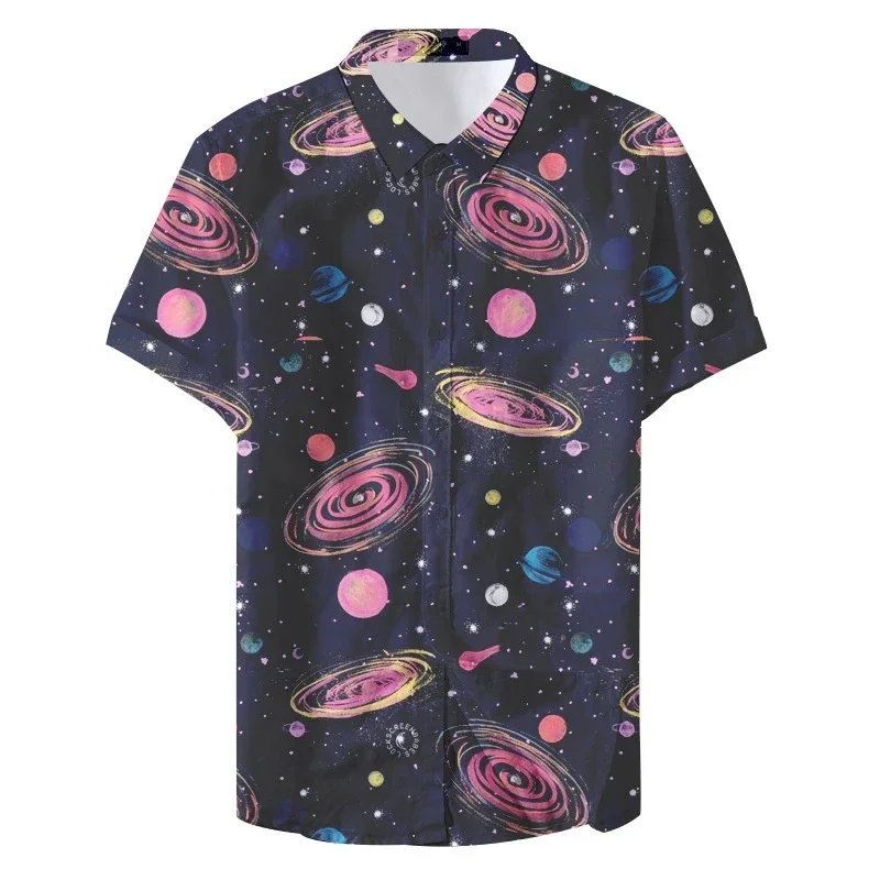 Men's shirt dream starry sky print summer fashion men's lapel cardigan top large size loose casual men's shirt street trend