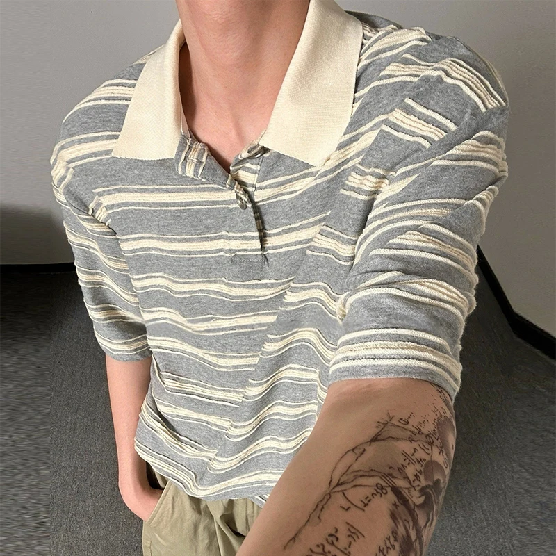 Daily Casual Mens Short Sleeve Slim Polo Shirts Vintage Striped Crochet Knitted Polo Shirt Men Summer Leisure Button Lapel Polos