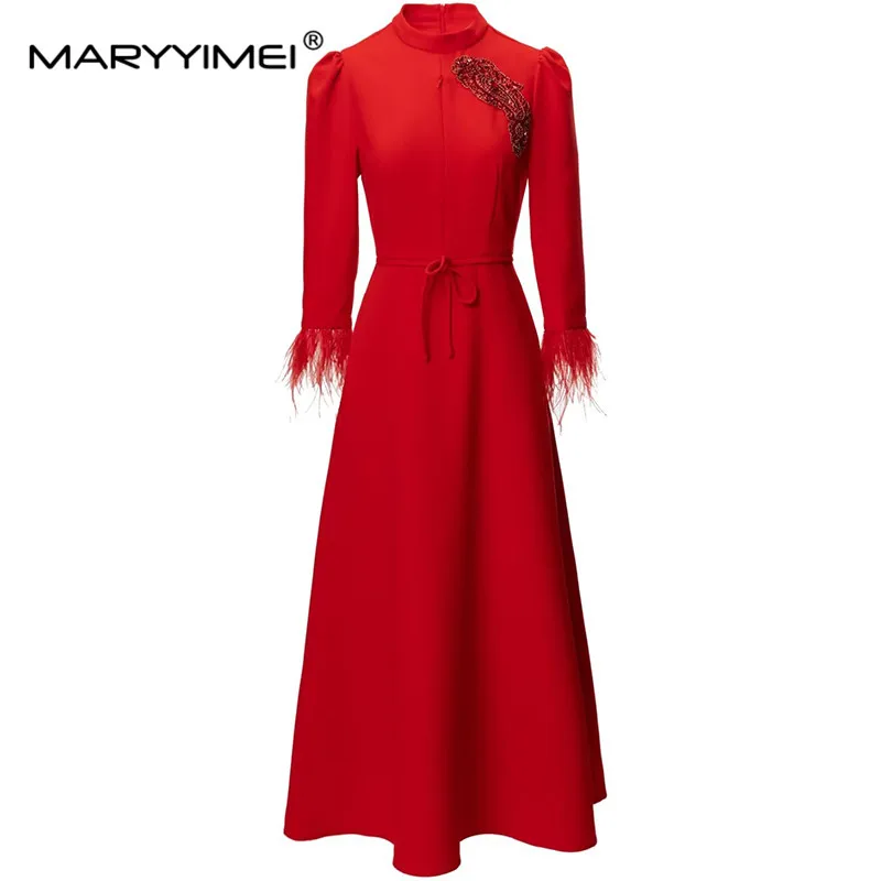 

MARYYIMEI Fashion Women's New Vintage Three Quarter Sleeved Feather Fringed Beaded Sequin Lace-Up Office Lady Elegant MIDI Dress