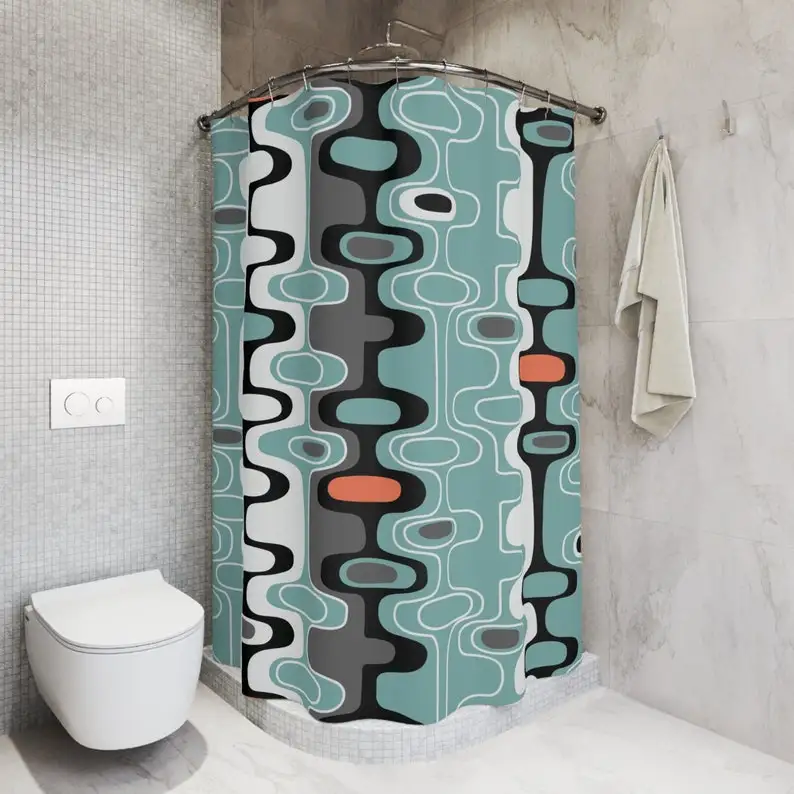 Mid Century Modern Retro Geometric Shower Curtain, MCM Abstract Oval Bathroom Curtain, Housewarming Gift, Bathroom Decor