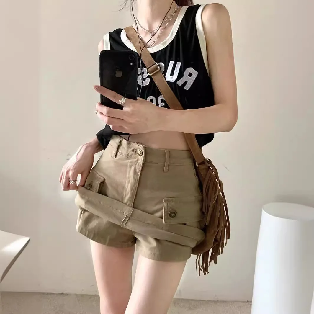 Women Khaki Cargo Mini Skirt High Waist Multi Pocket Button Denim Skort Y2K Streetwear Short Skirt
