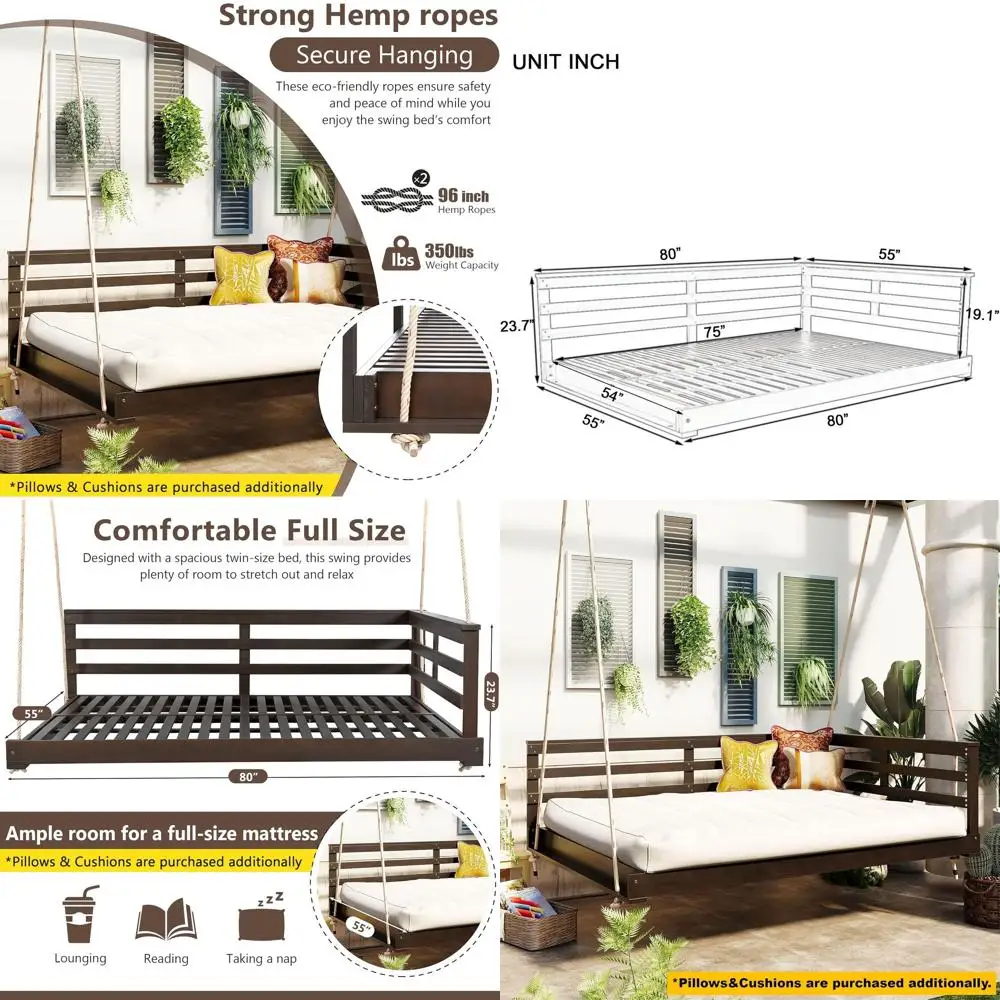 

80-дюймовые садовые качели-кровать из акации для улицы, полноразмерная подвесная кровать для патио, качели-скамья с грузоподъемностью 350 фунтов, с джутовыми веревками, для патио или заднего двора