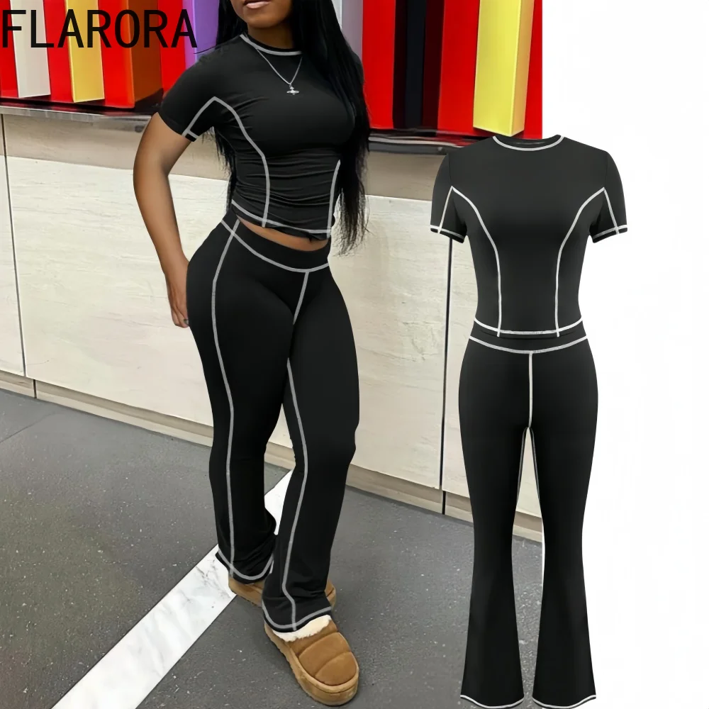 FLARORA Casual Stripe 2 Pcs Sets Woman Round Neck Short Sleeve Slim Tops And High Waisted Flared Pants Outfits Street Tracksuits