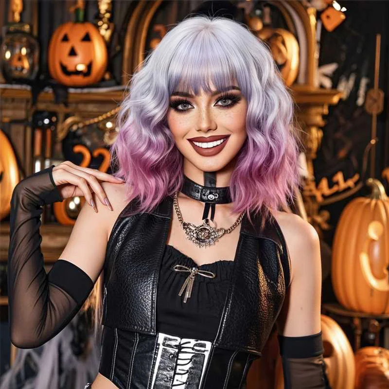 

Halloween Short Synthetic Purple Pink Gradient Natural Wavy Wigs Bob Curly Wig with Bangs Heat Resistant for Women Cosplay Wig